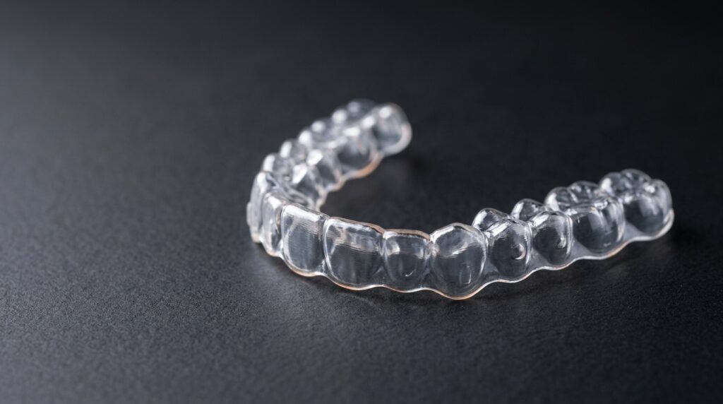 Koyu zeminde duran kişiye özel şeffaf Invisalign plağı